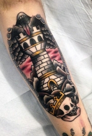 old school彩色的神秘灯塔与骷髅纹身图案