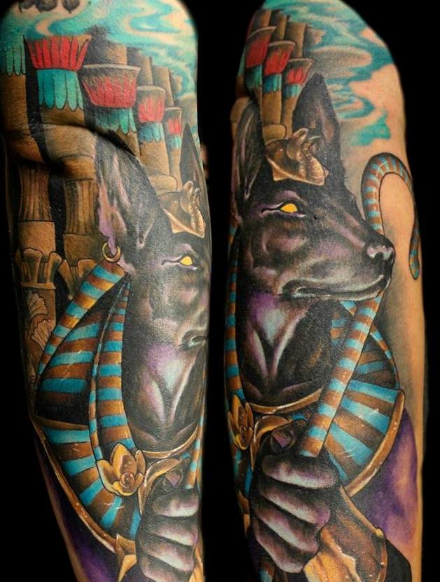 漫画风格埃及神阿努比斯彩色纹身图案