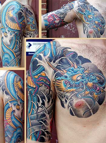 半甲蓝色的龙纹身图案