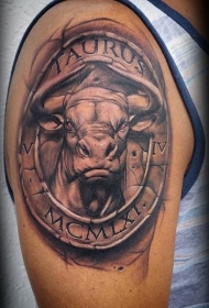 肩部棕色石雕风格的金牛座纹身