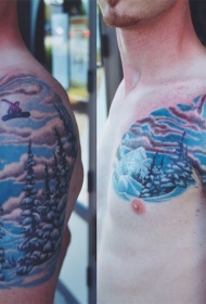 半甲插画风格彩色滑雪森林纹身图案