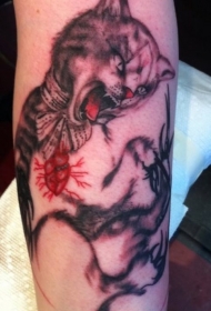 old school彩色邪恶猫和心脏纹身图案