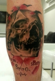 腿部彩色插画风格骷髅头纹身图案