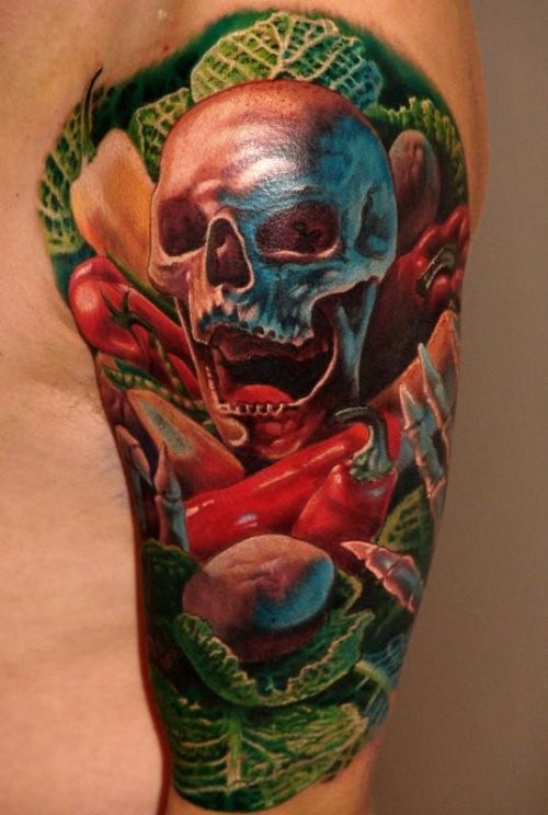 新的学校风格色蔬菜与骷髅纹身图片