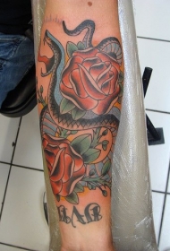 手臂彩色蛇和红玫瑰纹身图片