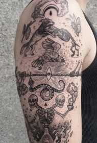 雕刻风格黑色各种动物骨架和骷髅纹身图案