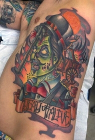 侧肋old school卡通彩色僵尸字母纹身图案