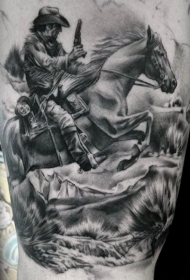 腿部黑灰老西部电影枪战纹身图案
