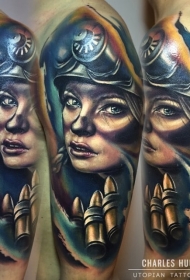 新学校风格的彩色士兵与子弹纹身图案