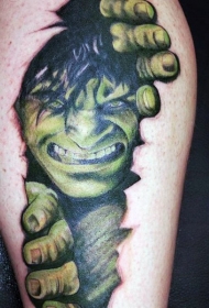 腿部彩色绿巨人撕裂纹身图案
