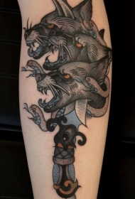 old school蛇匕首狼头纹身图案