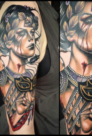 肩部彩色新学校风格女人面具纹身
