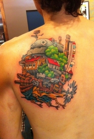 背部独特的彩色卡通风格幻想飞行船纹身图案