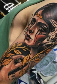 新风格的带植物的妇女的彩色肩部纹身图案