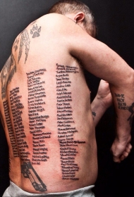 背部英文字母阵亡士兵记忆纹身