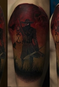 肩部彩色恐怖男子与矛纹身图片