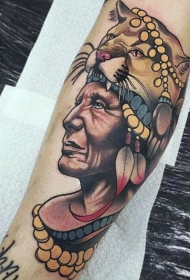 手臂彩色印第安人肖像纹身图案