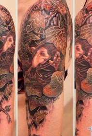 插画风格彩色小侏儒肩部纹身图案