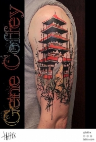 大臂中国风彩绘和尚与佛塔纹身图案