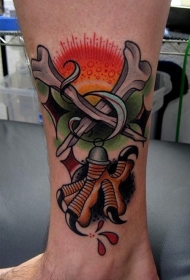 腿部老派风格的原始交叉骨和鸡腿纹身