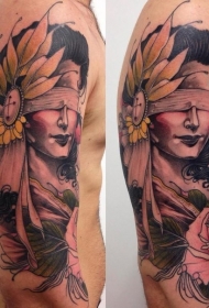 胳膊old school彩色蒙住眼睛的女生肖像纹身图案