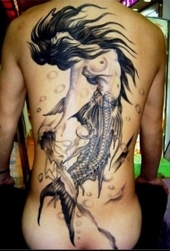 背部性感美丽的美人鱼纹身图案