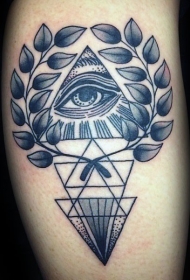 黑色神秘装饰树叶和三角形眼睛纹身图案
