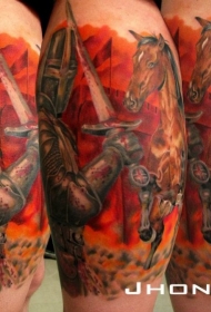 肩部彩色中世纪骑士与马纹身图案