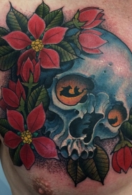 new school胸部彩色骷髅和花朵纹身图案