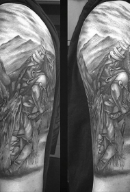 背部old schoo古印第安人在沙漠纹身图案