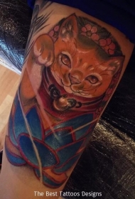 new school大臂招财猫莲花日式纹身图案