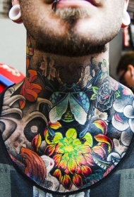 颈部old school彩色菊花与昆虫纹身图案