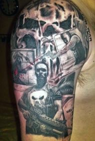 新传统风格与现代武器的暴徒纹身图案