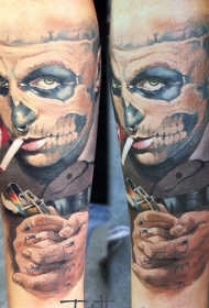 new school彩色小臂男性骷髅脸纹身图案