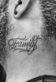 颈部黑色花体英文字母纹身图案