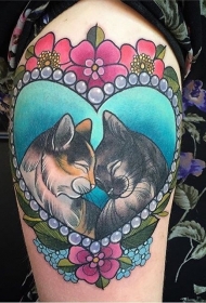 new school彩色心形与猫夫妇和花卉纹身图案
