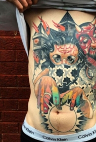 old school彩色胸部和腹部神秘女人与恶魔教堂纹身图案