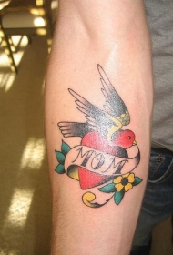 漂亮的彩色小鸟和字母花朵心形纹身图案