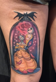 大腿彩色卡通僵尸夫妇纹身图案