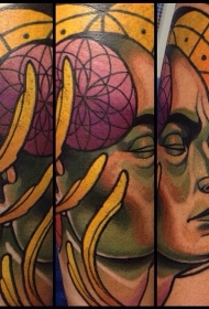 以科学为主题的彩色人脸和篮球纹身图案