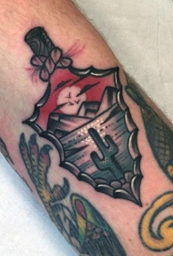 腿部老派风格的彩色沙漠纹身图片