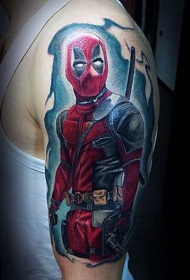 肩部插画风格彩色死侍纹身图案