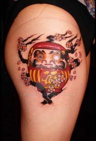 腿部彩色滑稽的不倒翁与开花的树纹身