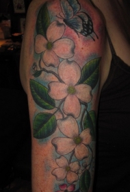 大臂白色的写实山茱萸花和蝴蝶纹身图案