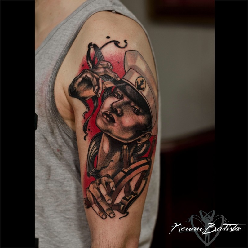 肩部全新风格的彩色水手纹身图案