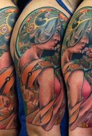 肩部old school五彩美女花朵纹身图案