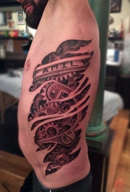 腰侧彩色逼真机械与字母纹身图片