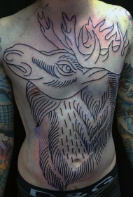 胸部简单自制黑色线条麋鹿头纹身图案