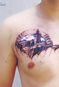 胸部小清新彩绘古堡纹身图案