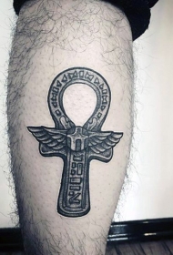 小腿石雕风格黑色埃及符号纹身图案